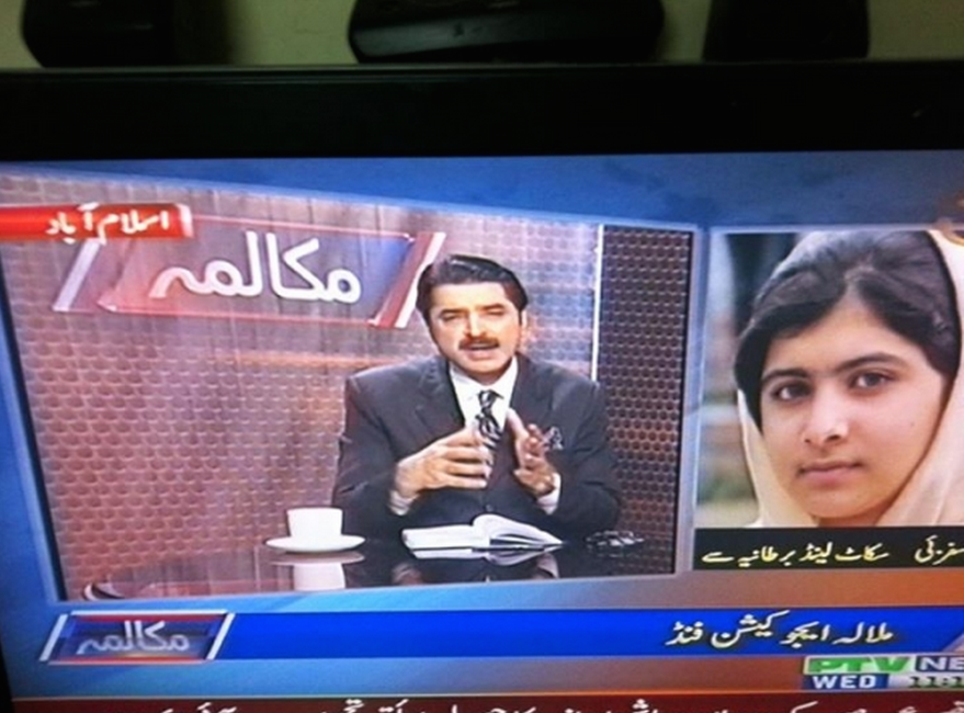 Israr Kasana interviews Nobel Prize winner Malala Yousufzai for his TV show in 2015. Photo courtesy Israr Kasana.