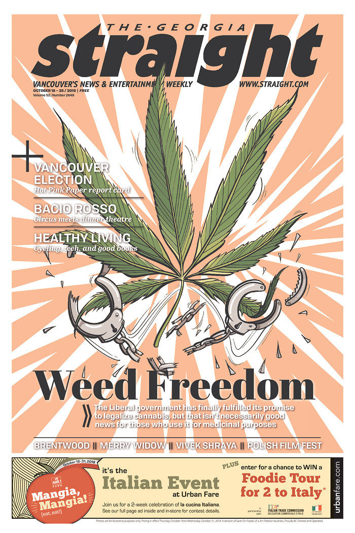The Georgia Straight cover page with headline "Weed Freedom" and illustration of marijuana leaf and broken handcuffs