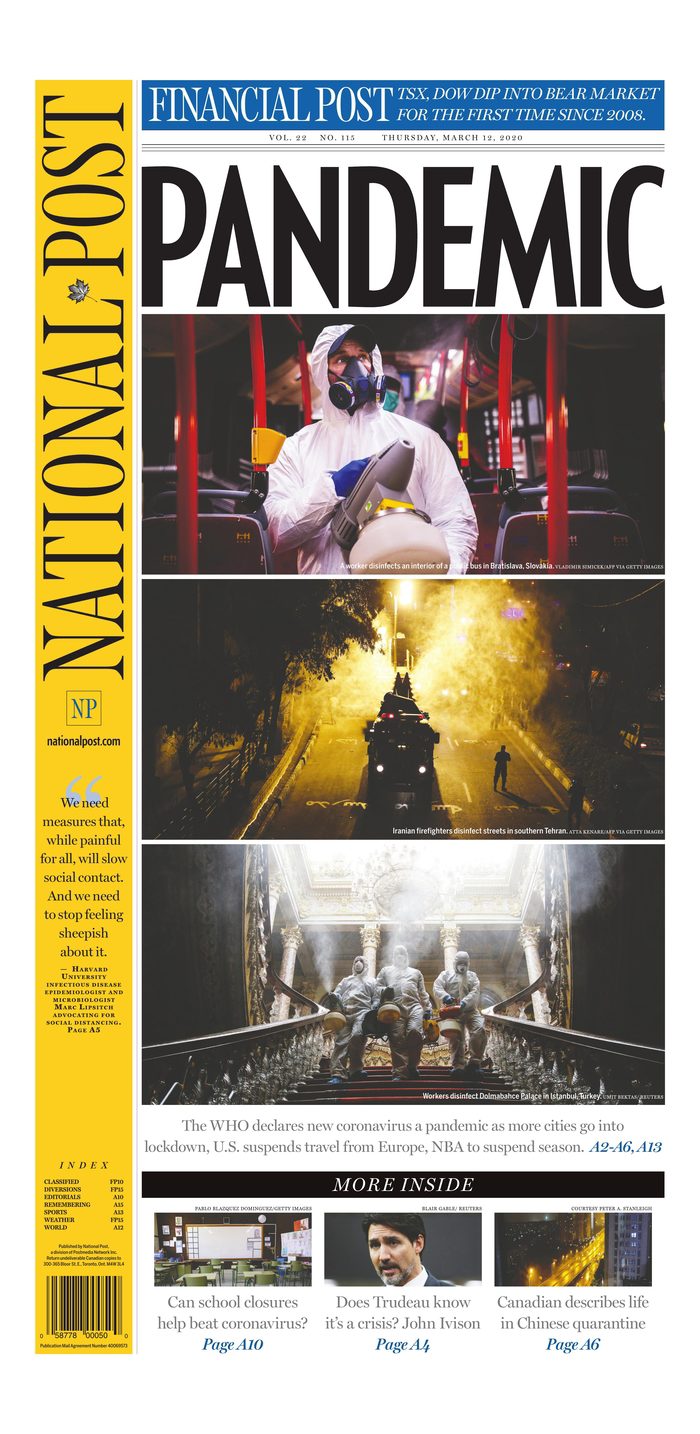 Canadian front pages after WHO declares COVID-19 pandemic ...